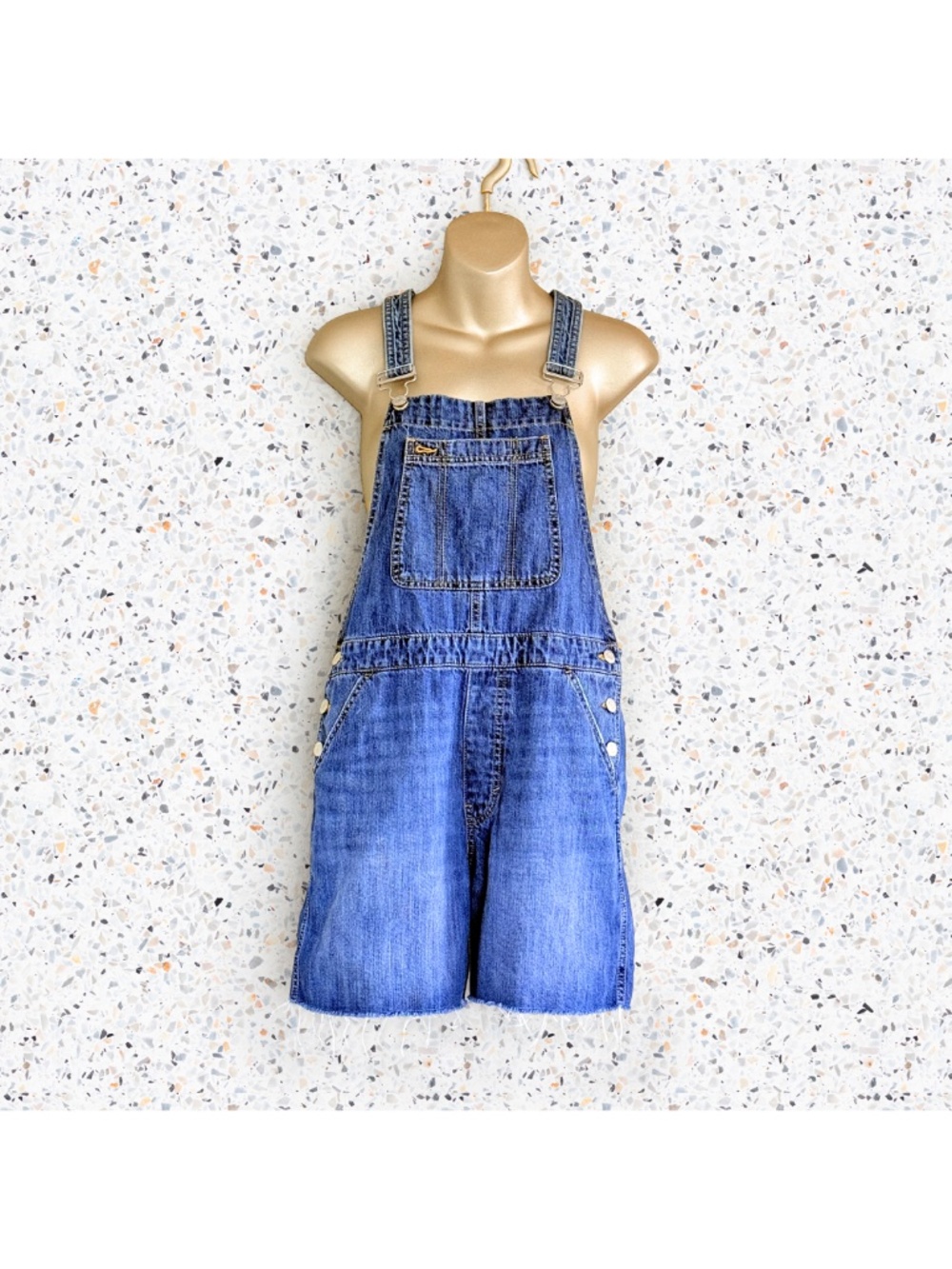 GAP Denim Raw Hem Fair Trade Cotton Shortalls Medium Wash Y2K Grunge Sz S